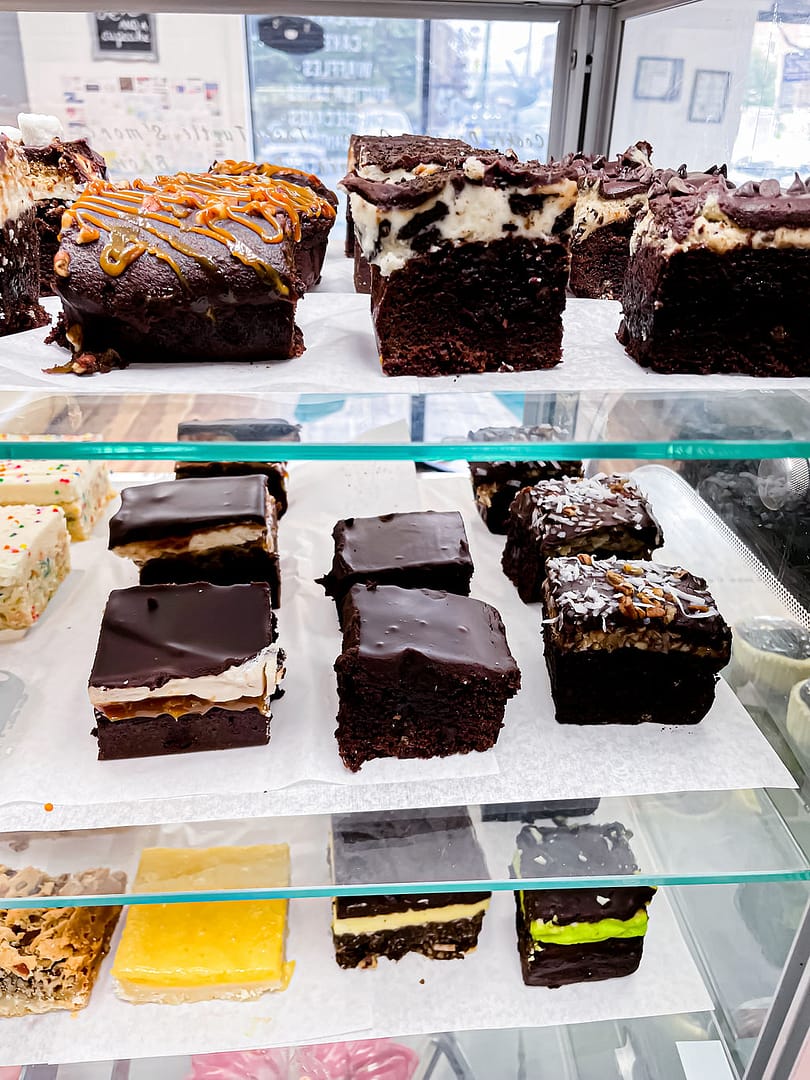 Brownies in a display case at Sugar Mama's Bake Shoppe